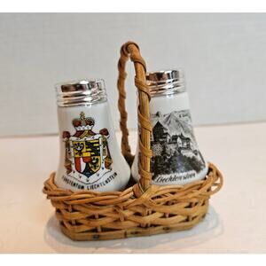 Vintage Liechtenstein German 3" Salt Pepper Shaker in Wicker Basket Quick-Vaduz